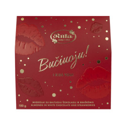 Migdolai  Bučiuoju!, 100g su baltuoju šokoladu ir braškėmis