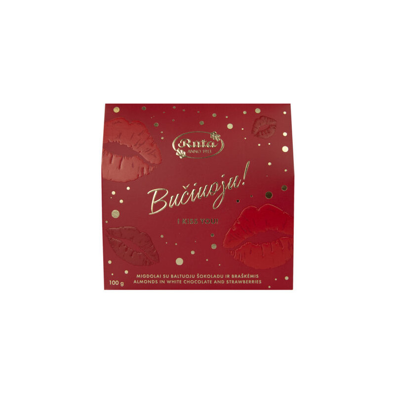Migdolai  Bučiuoju!, 100g su baltuoju šokoladu ir braškėmis