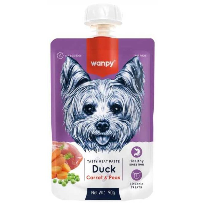 Mėsos pasta šunims Wanpy su antiena,morkomis ir žirneliais 90g