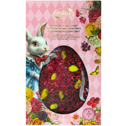 Juodasis šokoladas 50% su pistacijomis, avietėmis ir spanguolių sėklomis, 100g