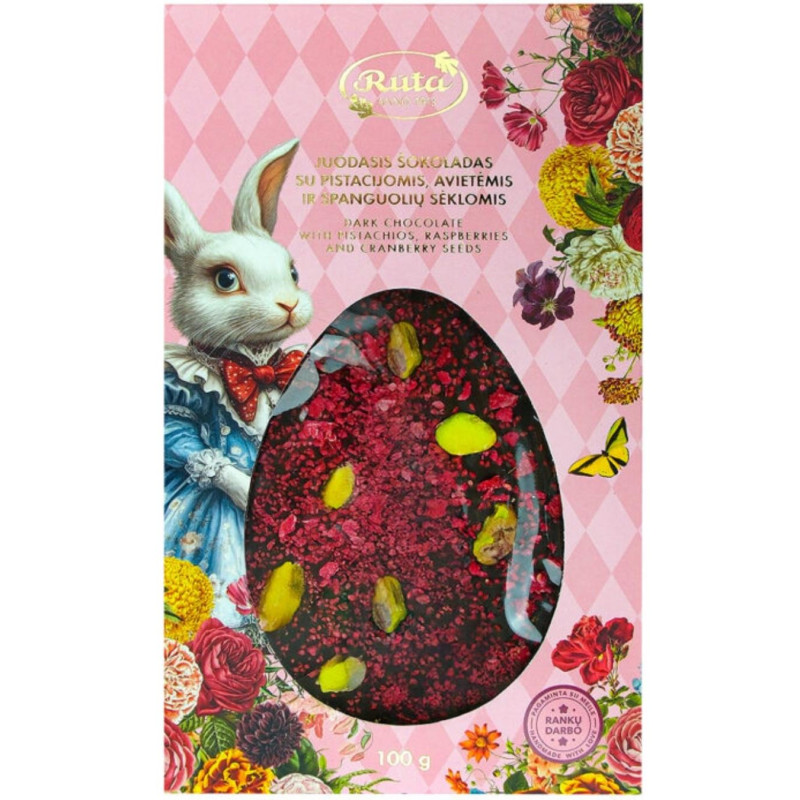 Juodasis šokoladas 50% su pistacijomis, avietėmis ir spanguolių sėklomis, 100g