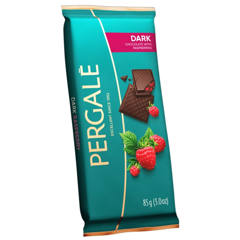 Juodasis šokoladas PERGALĖ Dark su aviečių gabalėliais 85g