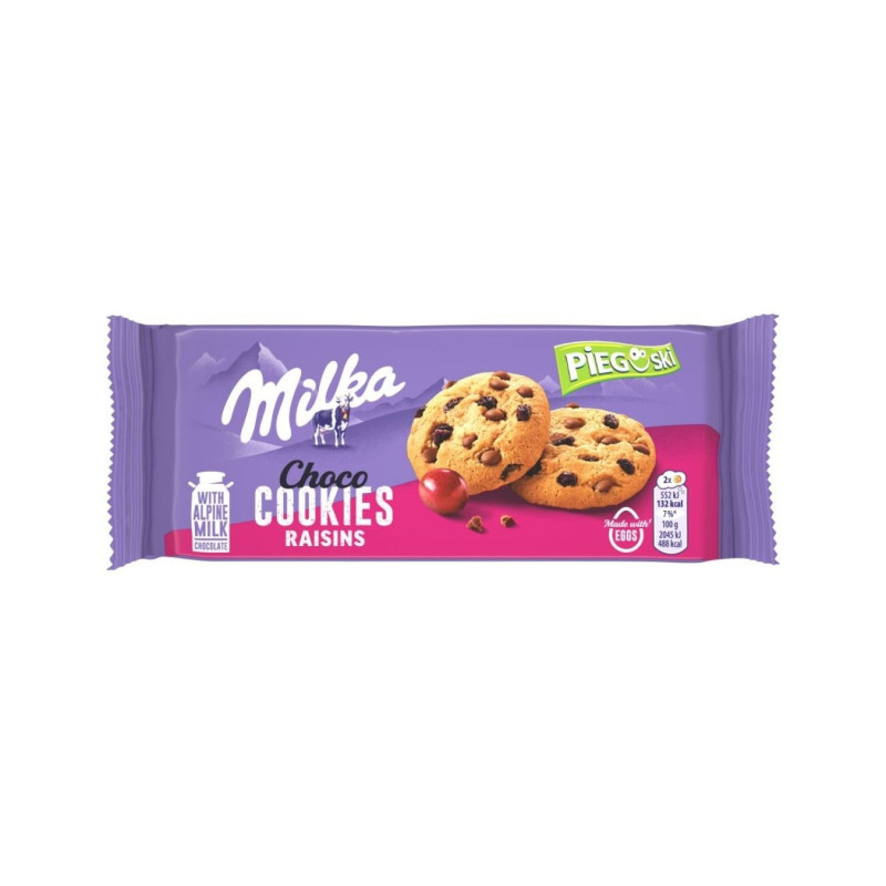 Sausainiai MILKA su pieninio šokolado gabaliukais ir razinomis, 135g