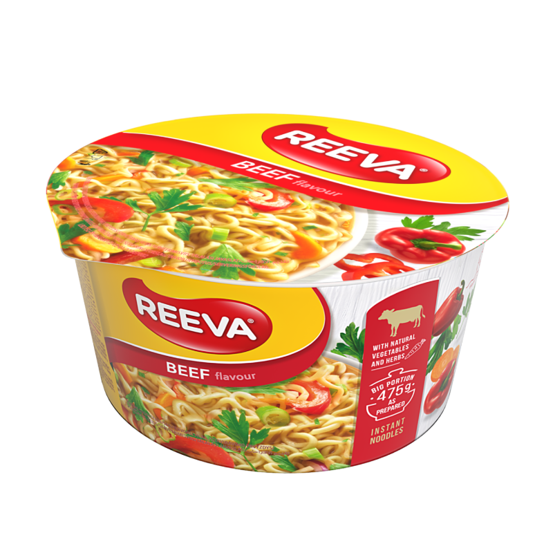 Greitai paruošiami makaronai Reeva jautienos skonio, indelyje 75g