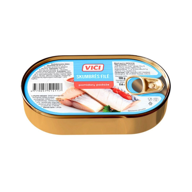Skumbrės filė pomidorų padaže Viči, 190g/114g