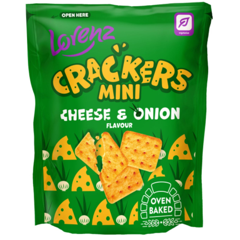 Krekeriai  sūrio ir svogūnų skonio, Crackers mini, 100g